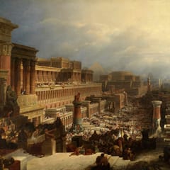 A vast crowd streams out between colossal Egyptian temples and statues toward distant pyramids under a hazy sky.