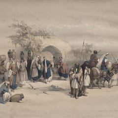 Women carrying water jars gather with travelers and pack animals at a stone well-house in Nazareth.