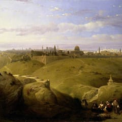The walled city of Jerusalem, with the Dome of the Rock and its minarets, stretches along the far ridge across a broad green valley, while a few travelers rest on the slope in the foreground.