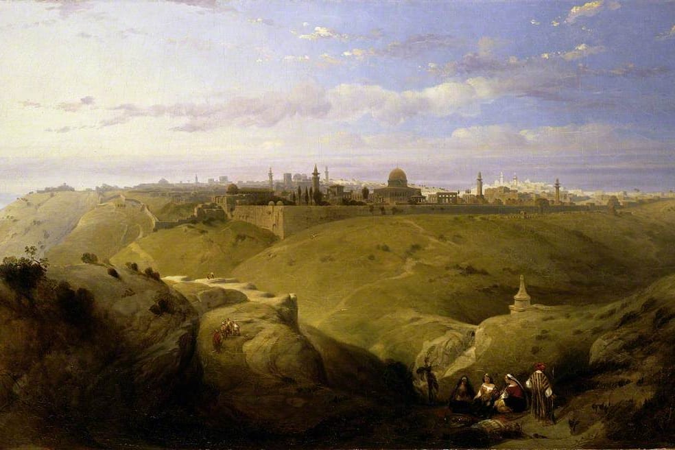 The walled city of Jerusalem, with the Dome of the Rock and its minarets, stretches along the far ridge across a broad green valley, while a few travelers rest on the slope in the foreground.