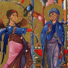 The winged angel Gabriel, in a blue tunic and pink robe, strides toward Mary with his hand raised in greeting; Mary, in a blue mantle, stands holding red yarn before a gold ground, inside a twisted border of red, white, and blue.