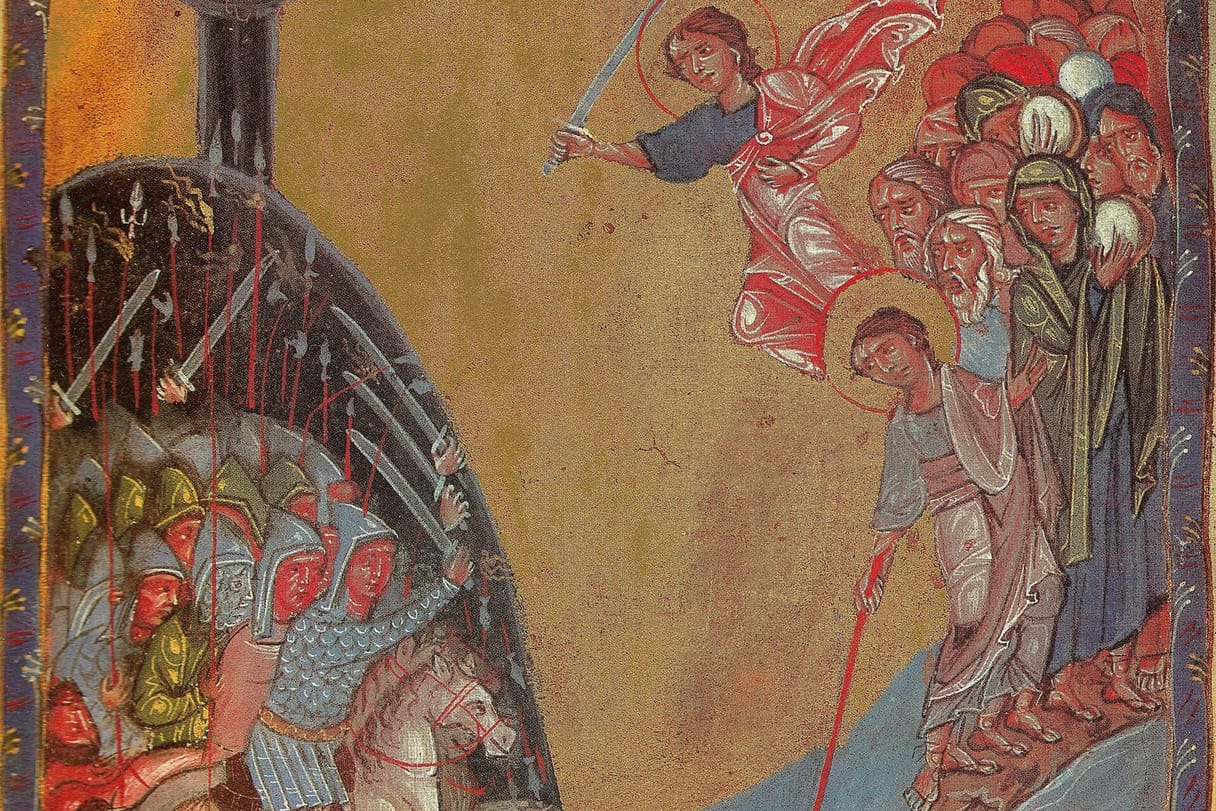 Moses stretches his staff toward the parted water as the Israelites crowd behind him under an angel with a raised sword, while Pharaoh’s armored horsemen press in from the left.