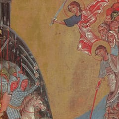 Moses stretches his staff toward the parted water as the Israelites crowd behind him under an angel with a raised sword, while Pharaoh’s armored horsemen press in from the left.
