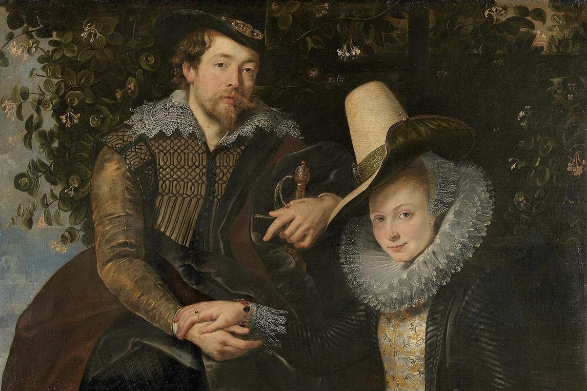 The painter and his young wife sit close together under a honeysuckle arbor, her hand resting on his.