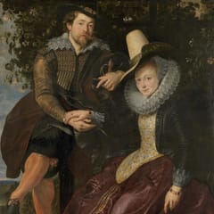 The painter and his young wife sit close together under a honeysuckle arbor, her hand resting on his.