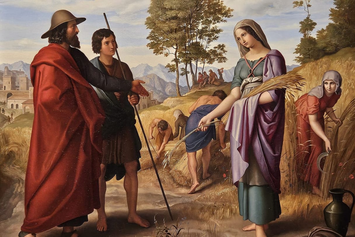 Ruth, holding an armful of gathered grain, meets Boaz in a red cloak at the edge of a field where reapers cut wheat.