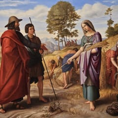 Ruth, holding an armful of gathered grain, meets Boaz in a red cloak at the edge of a field where reapers cut wheat.