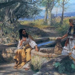Jesus sits by a stone well in the shade of olive trees, talking with a woman who stands holding a water jar in the bright sun.