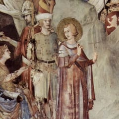 Saint Martin, holding up a small cross, turns away from the seated emperor and his soldiers to leave the army, with tents and an approaching enemy behind them.