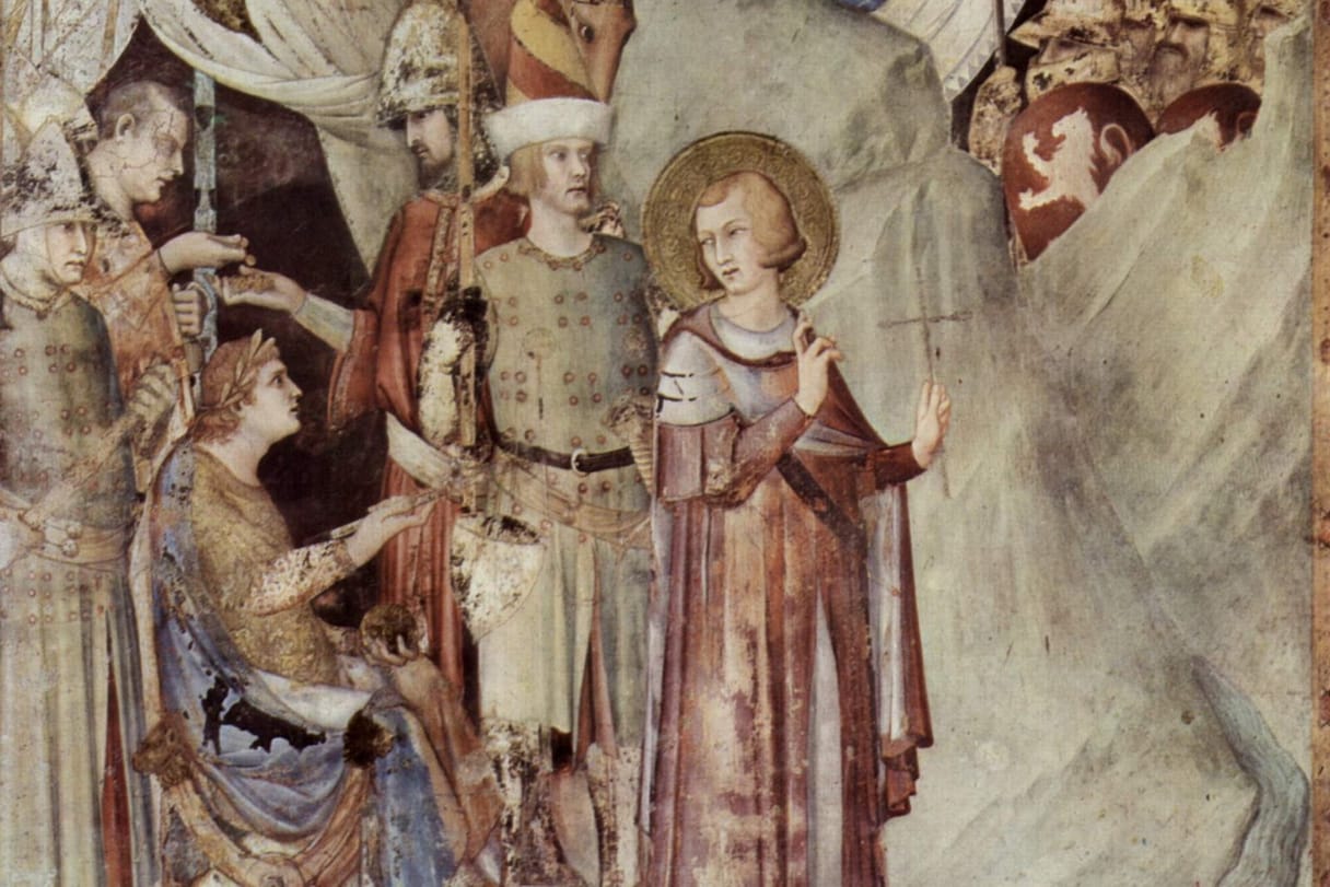 Saint Martin, holding up a small cross, turns away from the seated emperor and his soldiers to leave the army, with tents and an approaching enemy behind them.