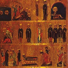 Rows of small figures of saints, monks, martyrs, and bishops on a gold ground, one for each day of the year, among them the Presentation of Christ in the Temple.