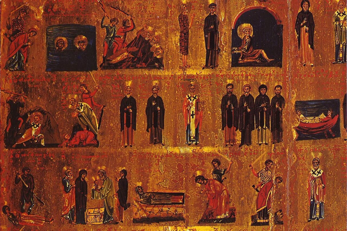 Rows of small figures of saints, monks, martyrs, and bishops on a gold ground, one for each day of the year, among them the Presentation of Christ in the Temple.