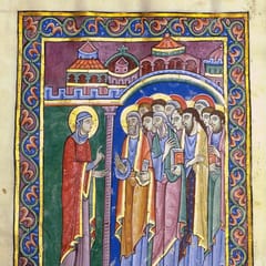 Mary Magdalene, in a red robe with a gold halo, raises her hand as she speaks to a crowd of apostles, inside a gold frame of painted leaves.