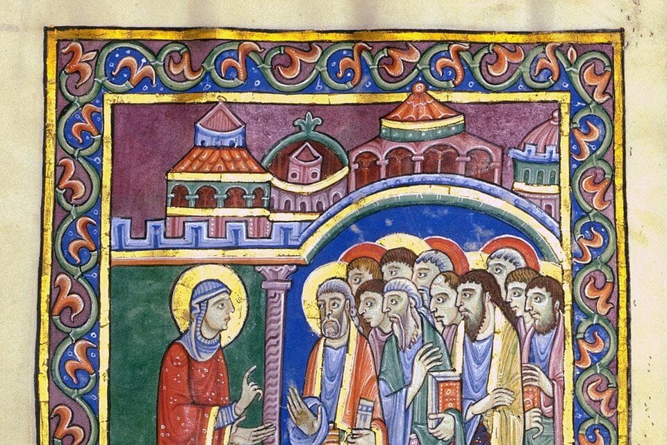 Mary Magdalene, in a red robe with a gold halo, raises her hand as she speaks to a crowd of apostles, inside a gold frame of painted leaves.