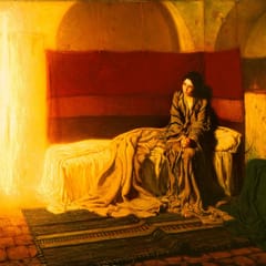 A young Mary in rumpled robes sits on her bed and looks up calmly at a column of golden light in her room.