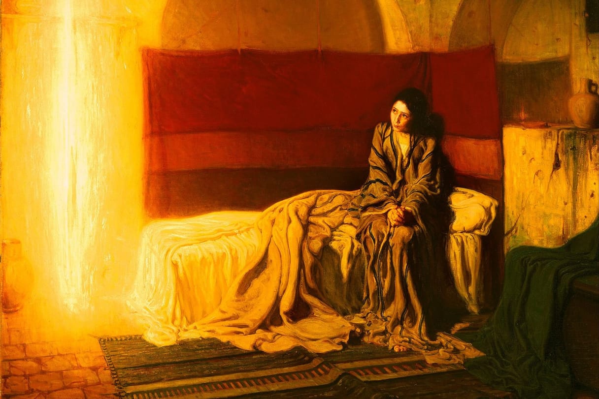 A young Mary in rumpled robes sits on her bed and looks up calmly at a column of golden light in her room.
