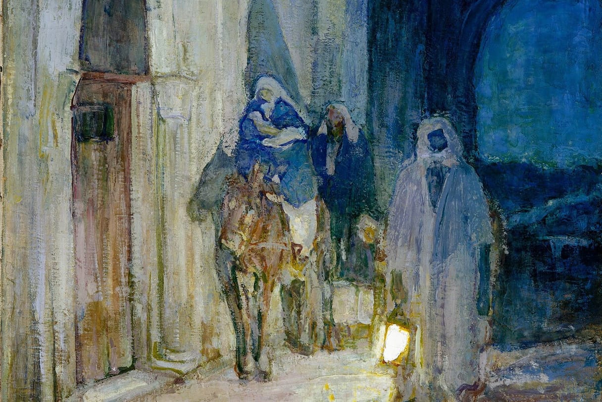 At night, Mary on a donkey and Joseph slip quietly through a narrow street past a pale doorway, guided by a figure holding a small lantern.