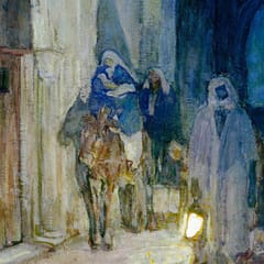 At night, Mary on a donkey and Joseph slip quietly through a narrow street past a pale doorway, guided by a figure holding a small lantern.