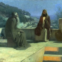 On a moonlit rooftop, Jesus sits in quiet conversation with Nicodemus, an older man in a gray robe, above a sleeping town.
