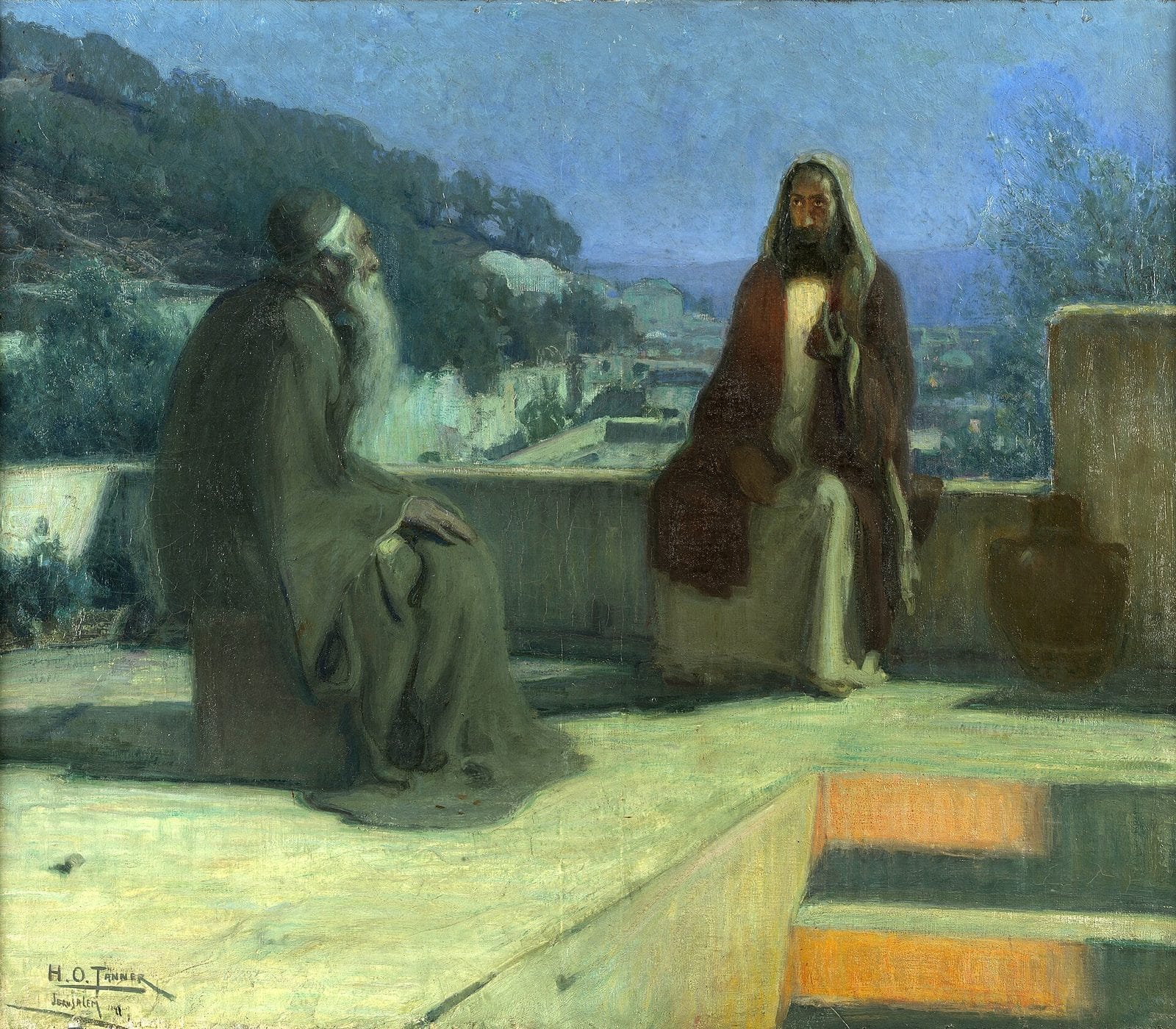 On a moonlit rooftop, Jesus sits in quiet conversation with Nicodemus, an older man in a gray robe, above a sleeping town.