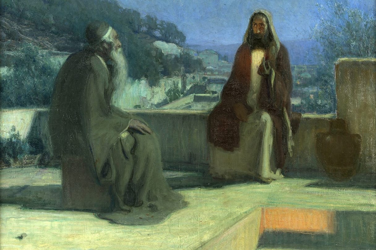 On a moonlit rooftop, Jesus sits in quiet conversation with Nicodemus, an older man in a gray robe, above a sleeping town.