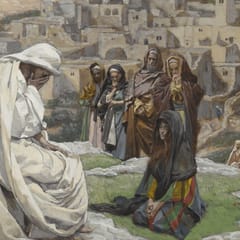 Jesus, wrapped in a white cloak, sits on a rock and covers his eyes with his hand, while a woman in a dark shawl kneels before him and mourners watch outside a hillside town.