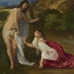 Mary Magdalene kneels and reaches toward the risen Jesus, who draws his white cloth away from her in a sunlit landscape.