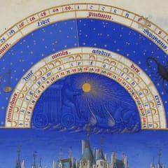A half-circle calendar painted in deep blue, gold, and red arches over the spires of a castle, marked with the days of the month, small moons, a pair of scales, and a scorpion.