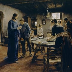 Christ, barefoot in a blue robe, is welcomed into a plain farmhouse room by a man in work clothes and wooden clogs, while the family stands with folded hands around a table set with bowls.