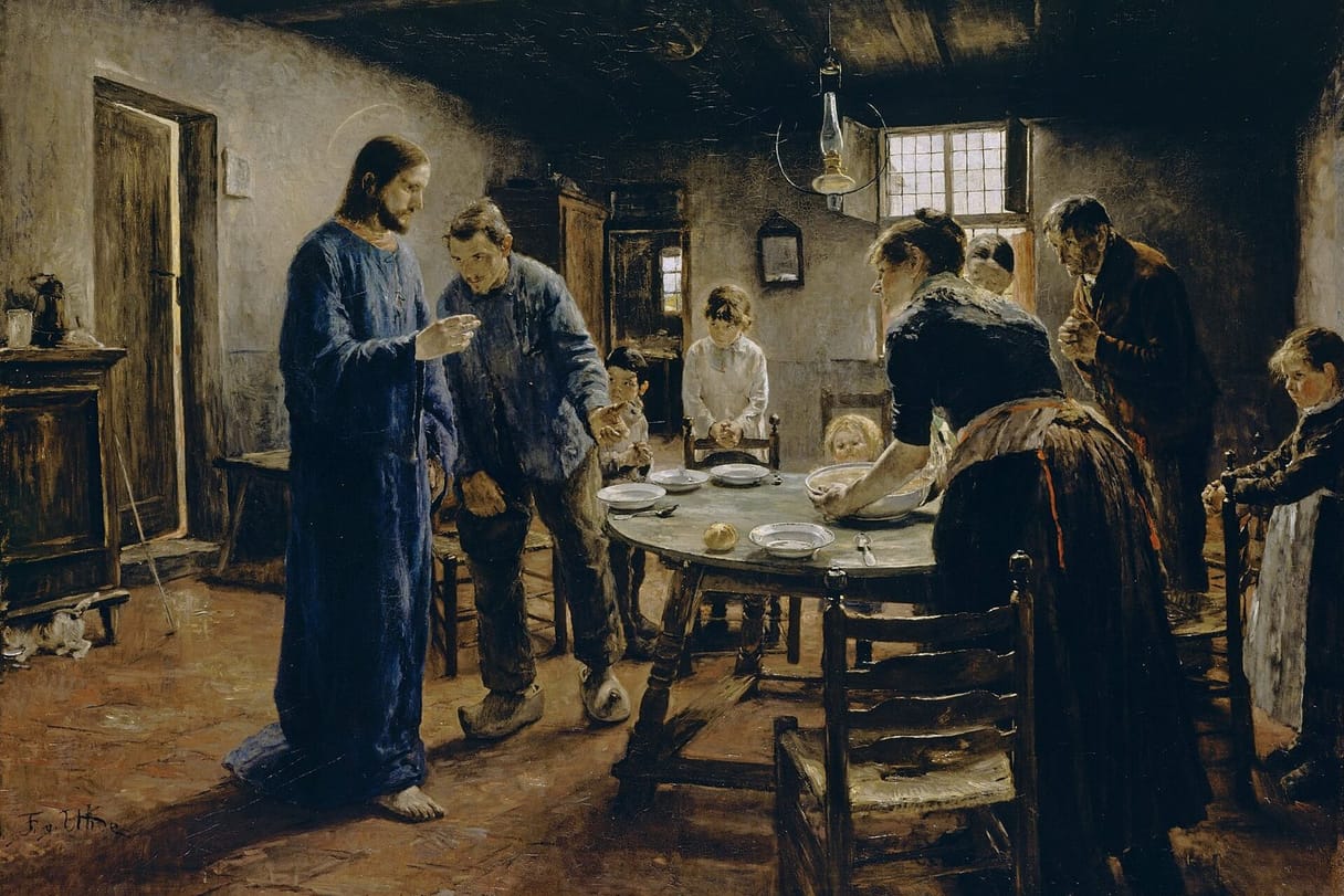 Christ, barefoot in a blue robe, is welcomed into a plain farmhouse room by a man in work clothes and wooden clogs, while the family stands with folded hands around a table set with bowls.