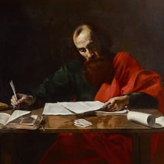 The apostle Paul, in a red cloak, sits at a table covered with books and papers, writing a letter with a quill.