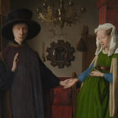 A man in a broad black hat raises one hand and holds his wife’s hand with the other; she wears a full green gown and white headdress, beneath a brass chandelier beside a round mirror.