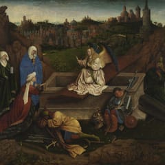 Three women carrying jars of ointment come to an open stone tomb where a white-robed angel sits, while soldiers sleep and a city rises behind.