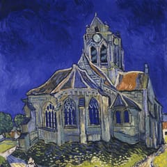 A village church painted in swirling blues and violets stands under a deep blue sky, while a woman walks along a sunlit path that forks around it.