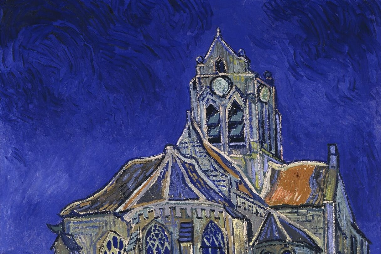 A village church painted in swirling blues and violets stands under a deep blue sky, while a woman walks along a sunlit path that forks around it.