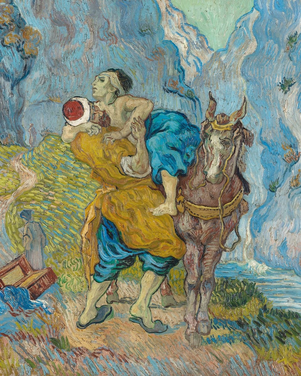 A traveler strains to lift a wounded, half-dressed man onto his horse beside a winding road, painted in swirling blues and yellows.