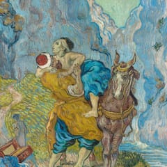 A traveler strains to lift a wounded, half-dressed man onto his horse beside a winding road, painted in swirling blues and yellows.