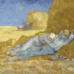 Two farm workers sleep in the shade of a haystack at midday, their shoes and sickles set aside, under a bright blue sky.