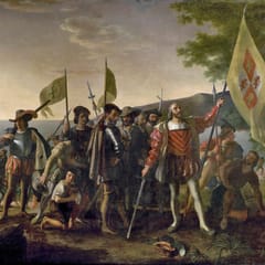 On a tropical shore, Columbus stands bareheaded holding the royal banner of Spain upright, a sword in his other hand, among armored officers and kneeling sailors, while Indigenous people watch from the trees at the right.
