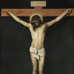 Christ hangs on the cross against a plain dark background, his head bowed and partly hidden by his hair.