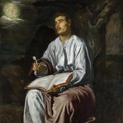 A young man with a book on his knee and a pen in hand looks up at a vision of a winged woman in the sky.