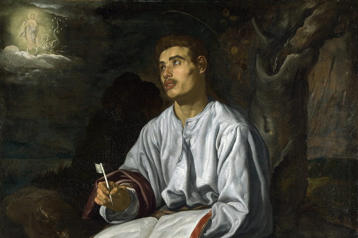 A young man with a book on his knee and a pen in hand looks up at a vision of a winged woman in the sky.