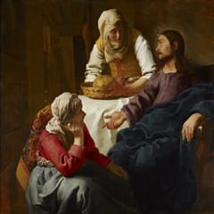 Jesus sits in a chair, gesturing toward a young woman seated at his feet, while her sister leans over the table holding a basket of bread.