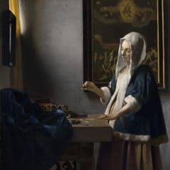 A woman in a blue fur-trimmed jacket stands at a table by a window, calmly holding a small empty balance over her jewelry and coins.
