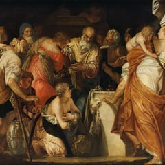 Before a stone altar, the white-bearded prophet Samuel holds a vessel of oil as the young David kneels in front of him with his arms crossed, looking up, amid a crowd of onlookers.