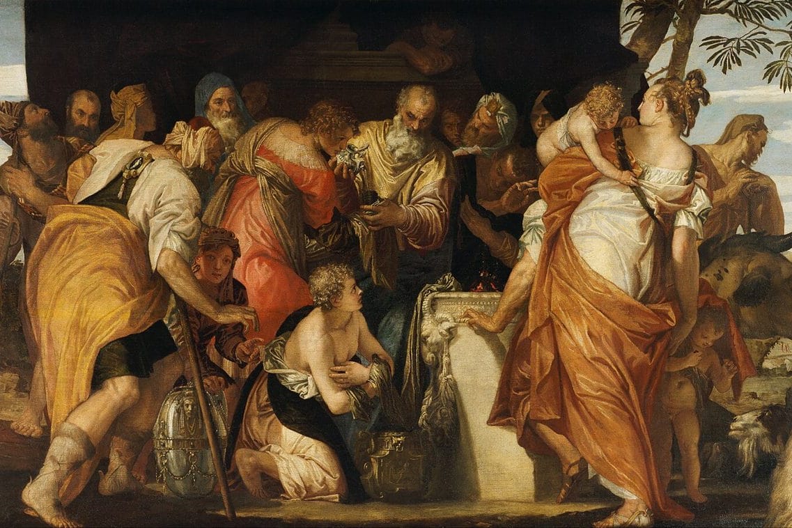 Before a stone altar, the white-bearded prophet Samuel holds a vessel of oil as the young David kneels in front of him with his arms crossed, looking up, amid a crowd of onlookers.