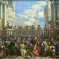 A crowded wedding feast fills a marble courtyard under a bright sky, with Jesus seated at the center of the long table as servants pour wine and musicians play.