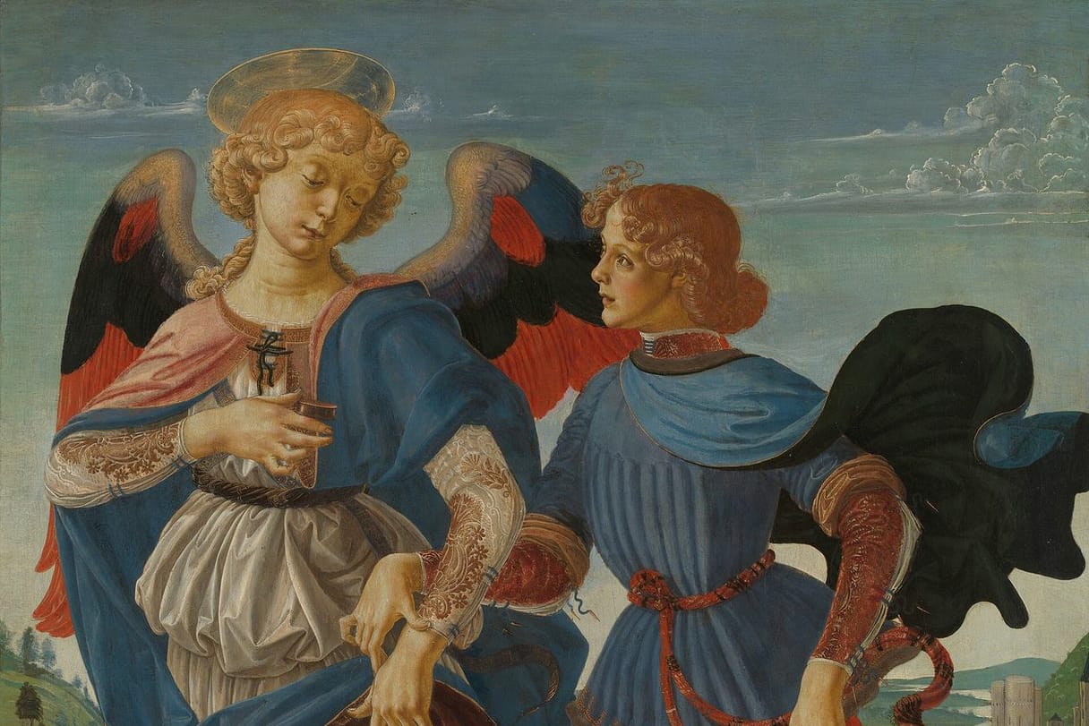 A winged angel walks arm in arm with a young man in a blue tunic who carries a fish, with a small dog at their feet in a river landscape.