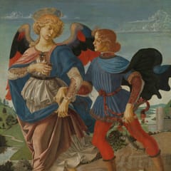A winged angel walks arm in arm with a young man in a blue tunic who carries a fish, with a small dog at their feet in a river landscape.