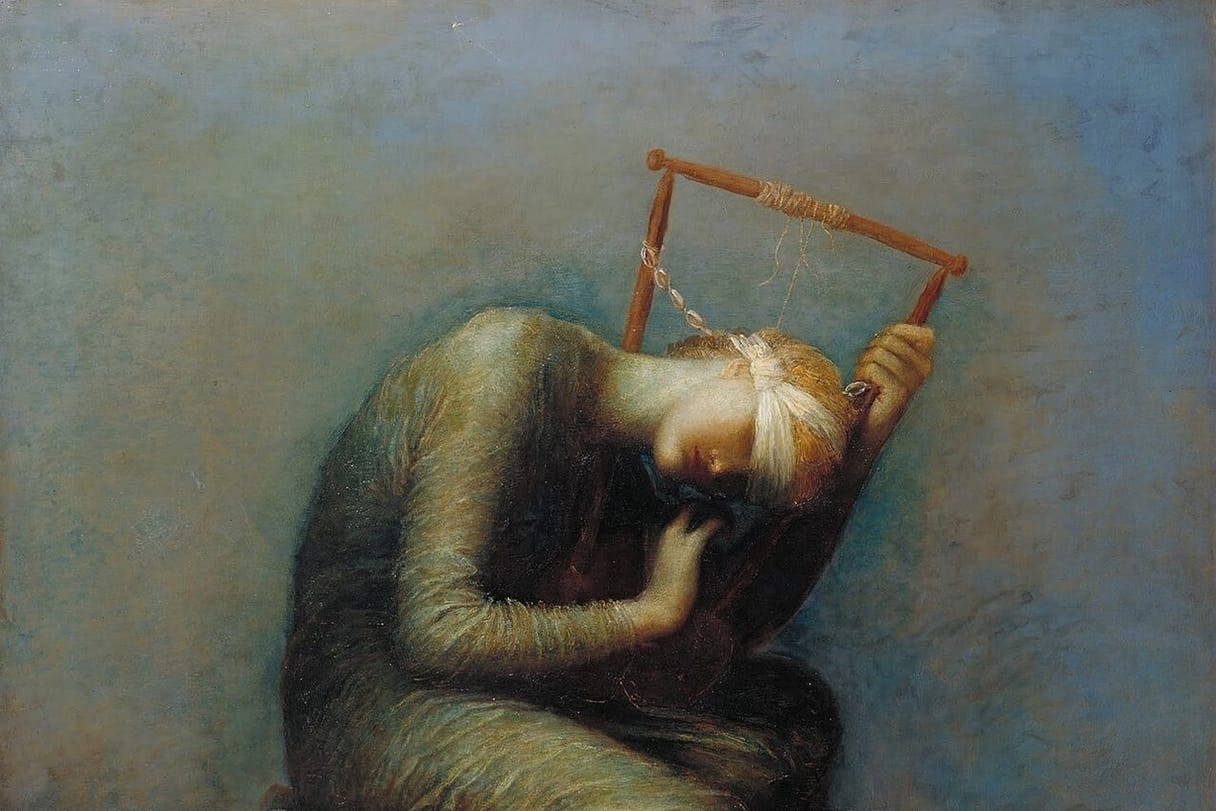 A blindfolded woman sits hunched on top of a globe in a blue haze, bending her head close to a lyre with only one string left, listening.